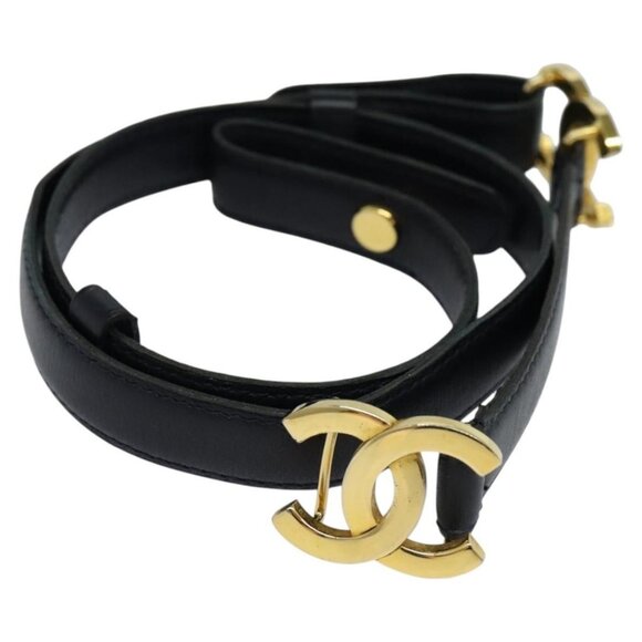 CHANEL COCO Mark Belt Leather 26.4"" Black Gold CC Auth - Picture 1 of 16